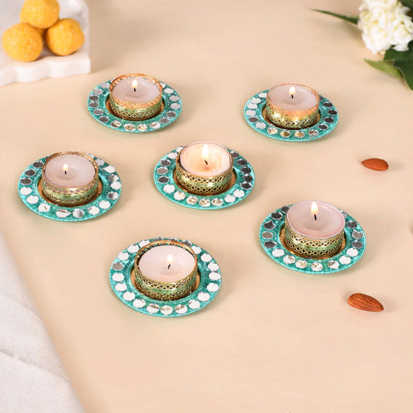 Set Of 6 Firozi Tea Light Holders With Mirrorwork