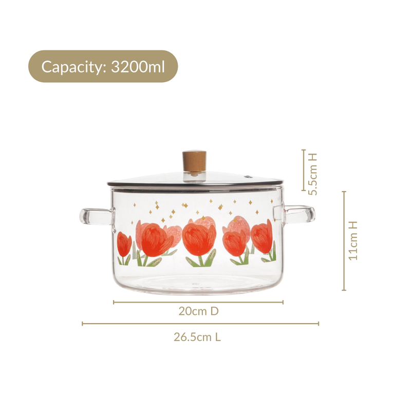 Printed Borosilicate Glass Cooking Pot With Lid 3200ml