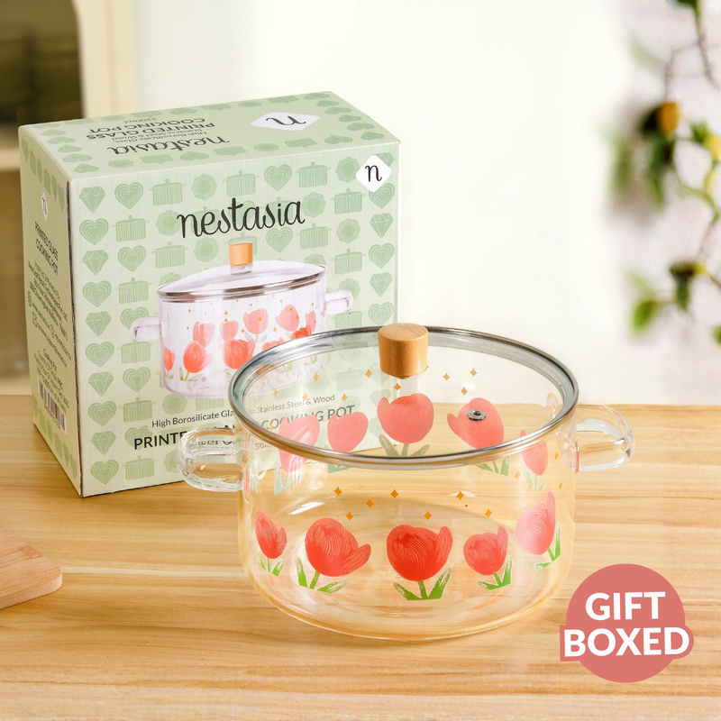 Printed Borosilicate Glass Cooking Pot With Lid 3200ml