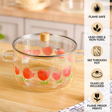 Printed Borosilicate Glass Cooking Pot With Lid 3200ml