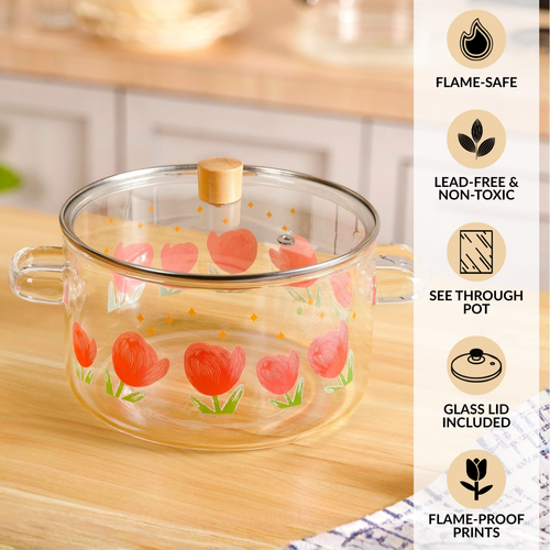 Printed Borosilicate Glass Cooking Pot With Lid 3200ml