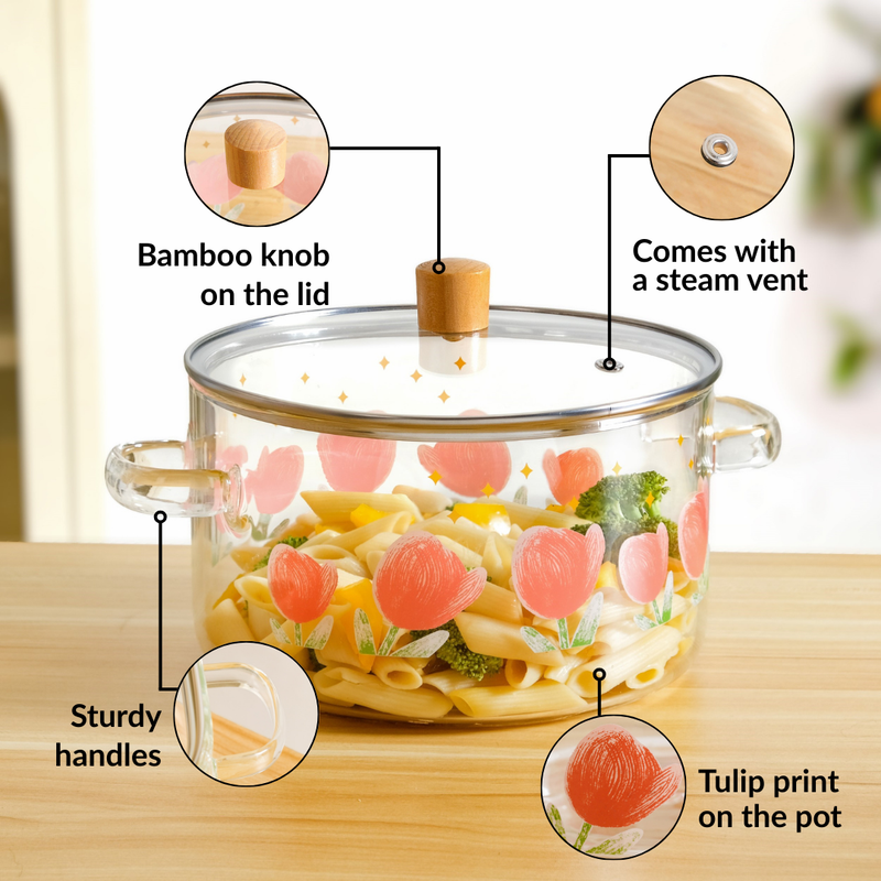 Printed Borosilicate Glass Cooking Pot With Lid 3200ml