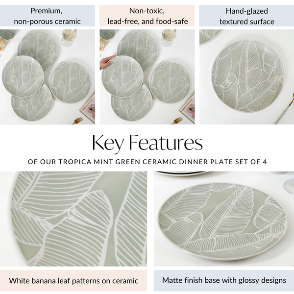 Tropica Banana Leaf Embossed Dinner Plate Set Of 4 Mint 10 Inch