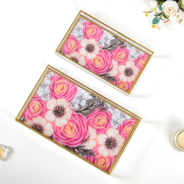 Printed Glass Decorative Trays With Gold Edge Set Of 2