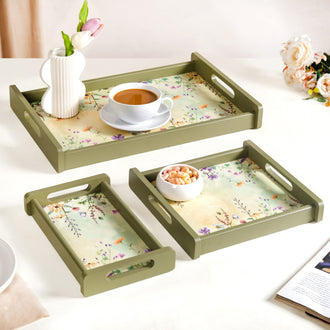 Valley Of Flowers Wooden Serving Tray Set Of 3