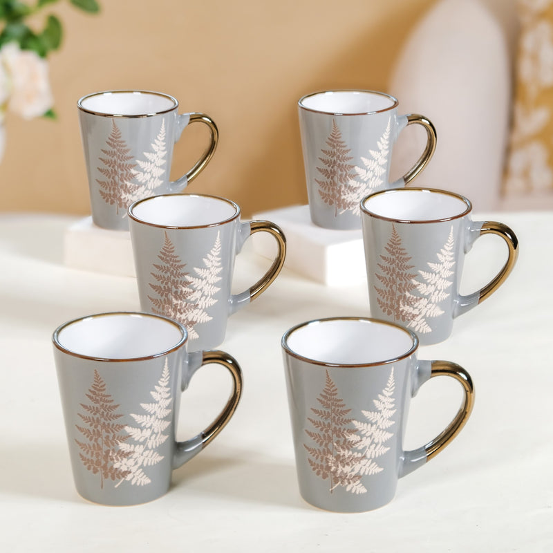 Fern Leaves Design Ceramic Mug Set Of 6 Grey 350ml - Printed coffee mugs, ceramic coffee mugs, coffee mug set, tea cup set of 6, coffee mugs