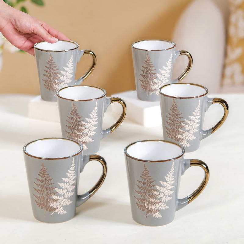 Fern Leaves Design Ceramic Mug Set Of 6 Grey 350ml - Printed coffee mugs, ceramic coffee mugs, coffee mug set, tea cup set of 6, coffee mugs