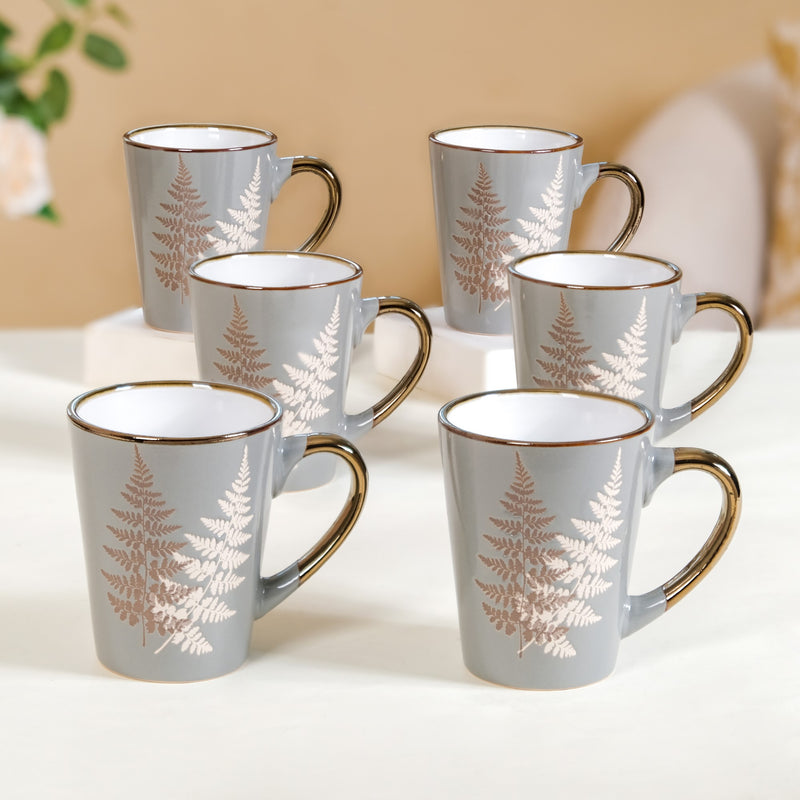 Fern Leaves Design Ceramic Mug Set Of 6 Grey 350ml - Printed coffee mugs, ceramic coffee mugs, coffee mug set, tea cup set of 6, coffee mugs