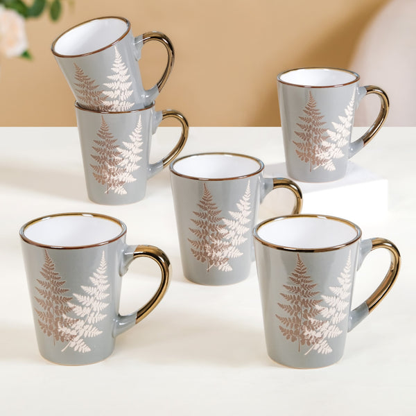 Gold Detailed Leaf Design Ceramic Mug Set Of 6 Grey 350ml