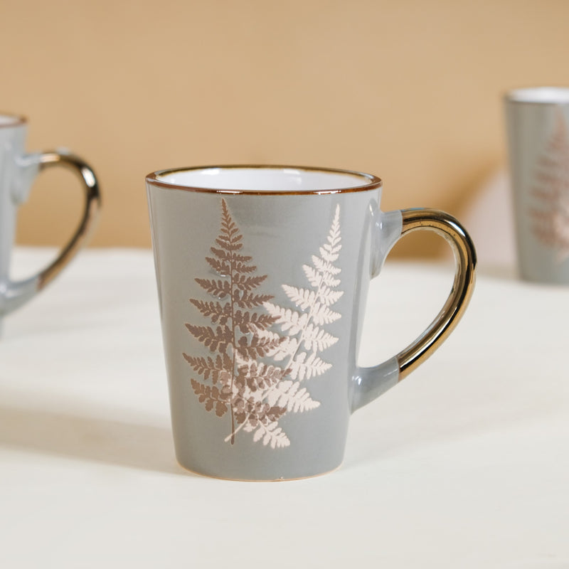 Fern Leaves Design Ceramic Mug Set Of 6 Grey 350ml - Printed coffee mugs, ceramic coffee mugs, coffee mug set, tea cup set of 6, coffee mugs