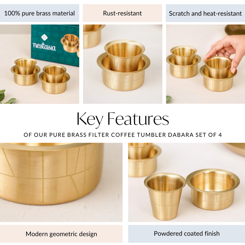 Pure Brass Filter Coffee Tumbler Dabara Set Of 4 - Coffee tumbler set, dabara set, coffee tumblers, brass coffee cups, filter coffee set