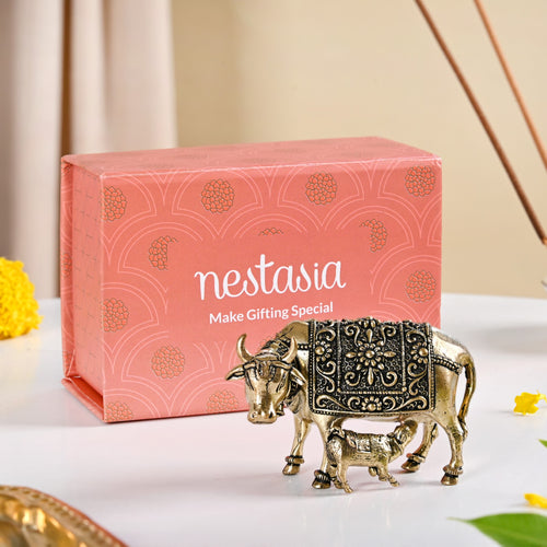 Wish Fulfilling Kamdhenu Cow Calf Idol Pure Brass 4cm In Gift Box