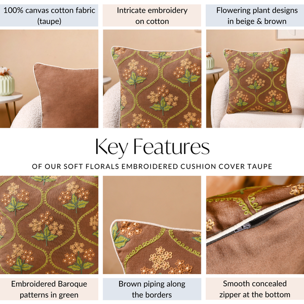 Soft Florals Embroidered Cushion Cover Taupe 40x40cm