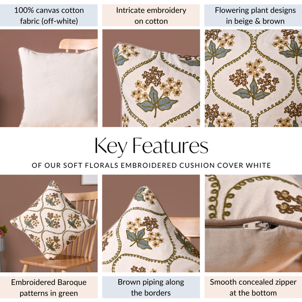 Soft Florals Embroidered Cushion Cover White 40x40cm