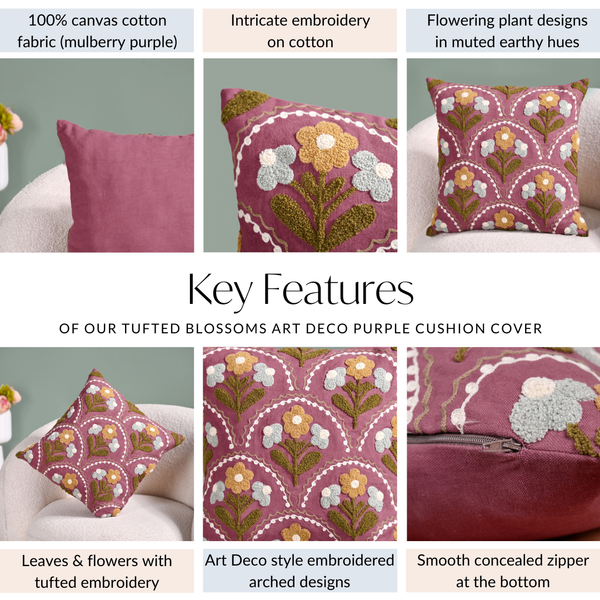 Tufted Blossoms Art Deco Purple Cushion Cover 40x40cm