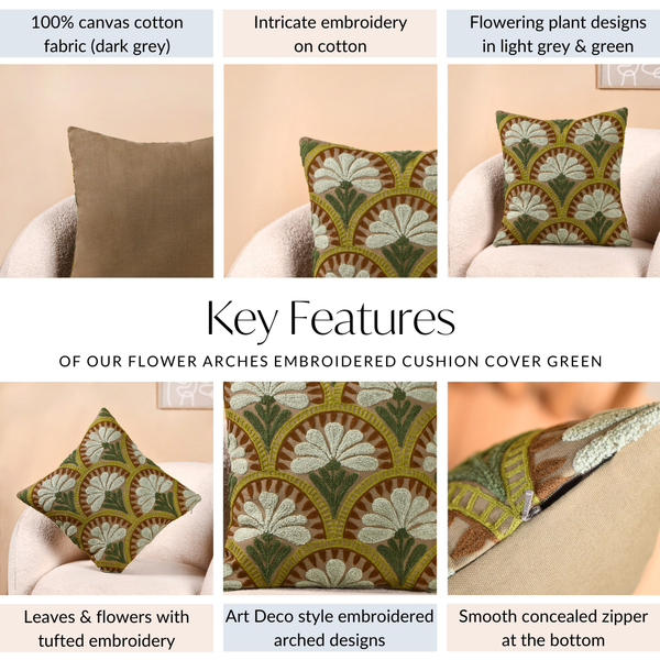 Flower Arches Embroidered Cushion Cover Green 40x40cm