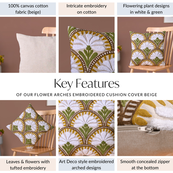 Flower Arches Embroidered Cushion Cover Beige 40x40cm