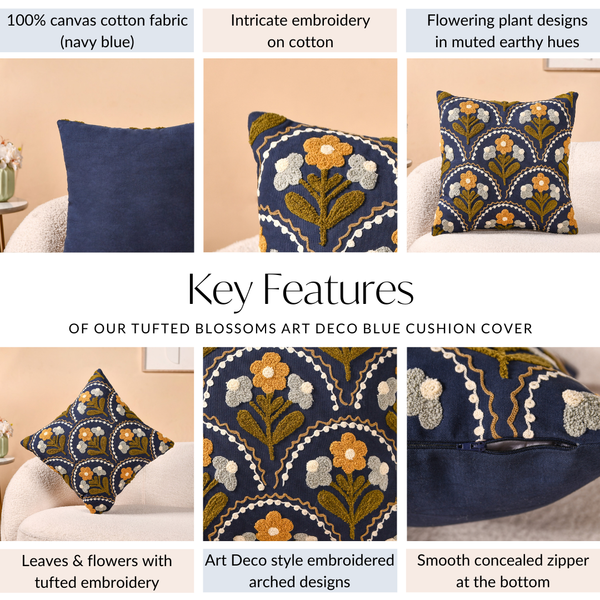 Tufted Blossoms Art Deco Blue Cushion Cover 40x40cm