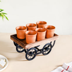 Push Cart Platter With Set of 6 Terracotta Kulhad Tumblers - Wooden platter, serving platter, decorative platter, wooden serving platter, kulhad