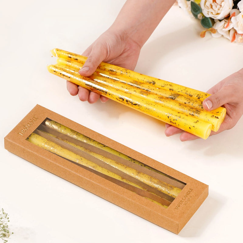 Gold Foil Candles Yellow Set Of 8 - Lemon Yellow Gold Laminate Candles, Lemon Yellow Candles, Gold Laminate Candle Set, Decorative Yellow Candles