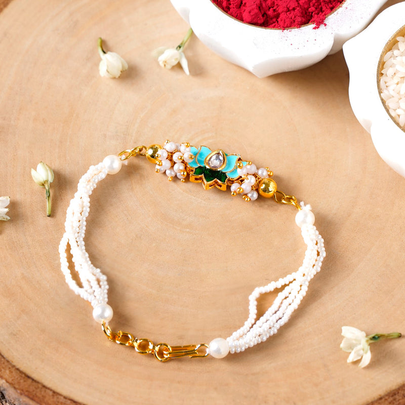 Green Kundan Lotus Rakhi Gift Set For Bhaiya Bhabhi