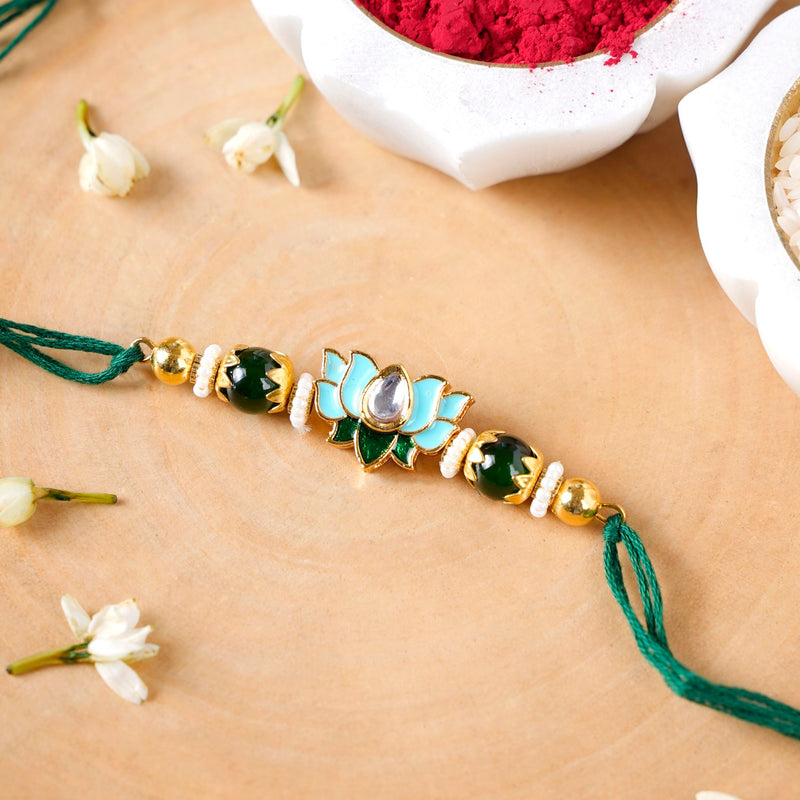Green Kundan Lotus Rakhi Gift Set For Bhaiya Bhabhi