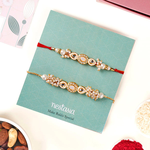 Stone And Pearl White Kundan Rakhi Set For Couple