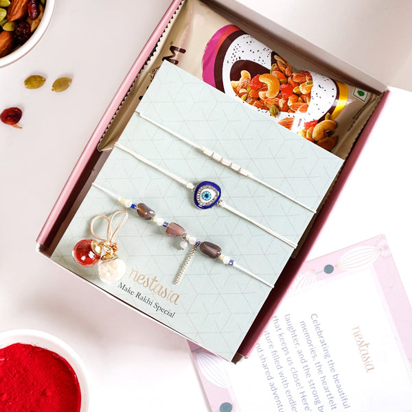 Minimal Evil Eye Rakhi Gift Set Of 5 With Box And Card