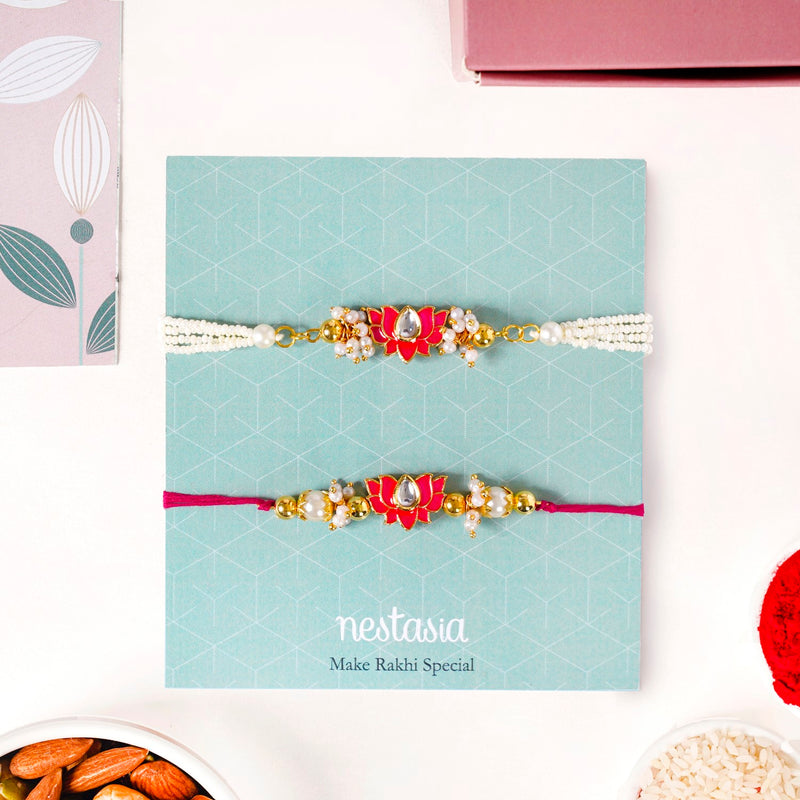 Kundan Meenakari Lotus Rakhi Hamper For Couple