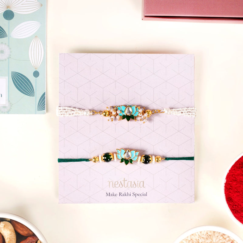 Green Kundan Lotus Rakhi Gift Set For Bhaiya Bhabhi