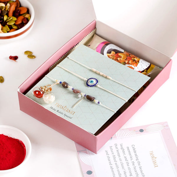 Minimal Evil Eye Rakhi Gift Set Of 5 With Box And Card