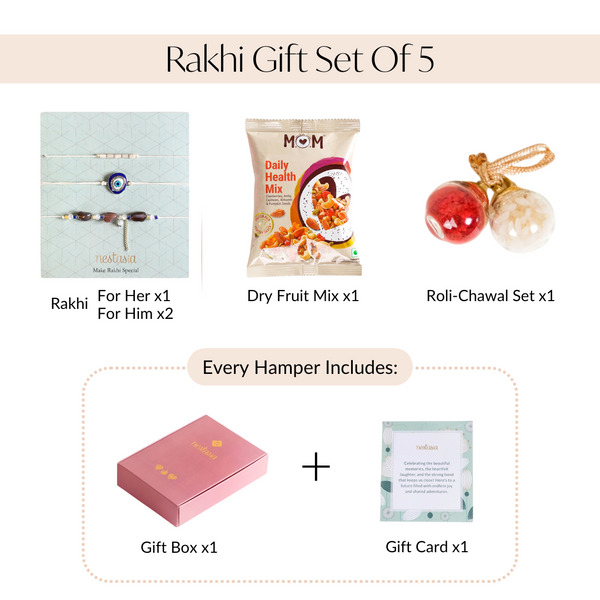 Minimal Evil Eye Rakhi Gift Set Of 5 With Box And Card