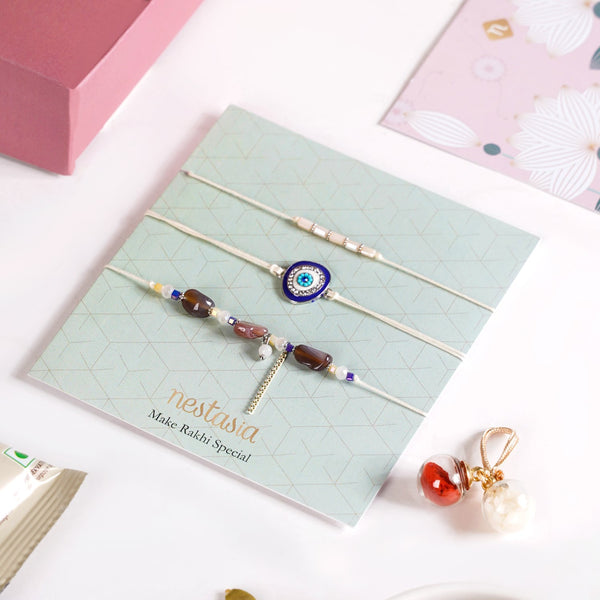 Minimal Evil Eye Rakhi Gift Set Of 5 With Box And Card