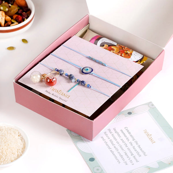 Minimal Evil Eye Rakhi Gift Set Of 5 With Box And Card