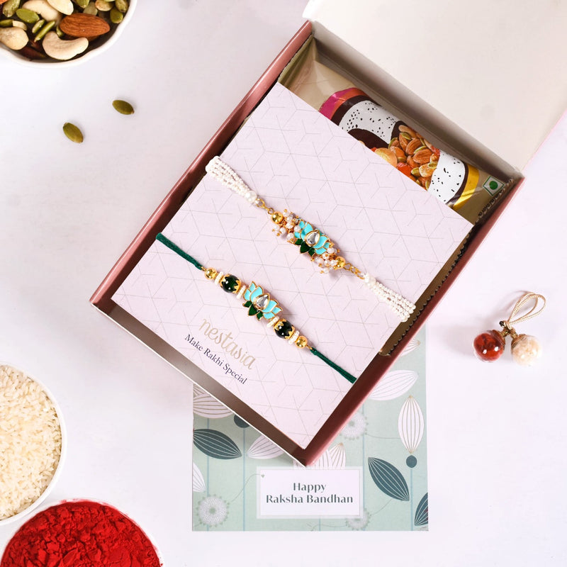 Green Kundan Lotus Rakhi Gift Set For Bhaiya Bhabhi