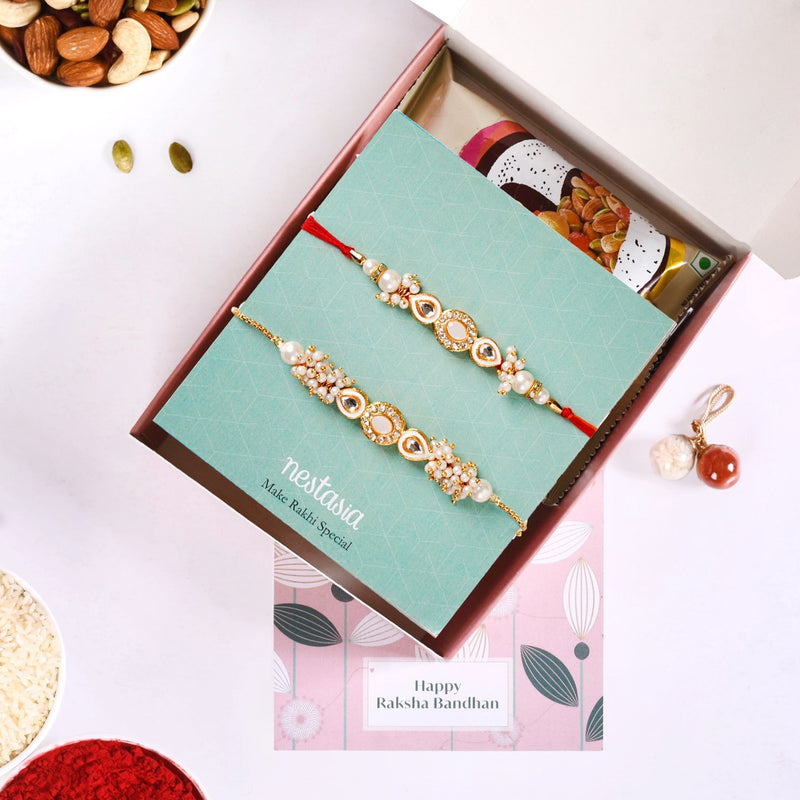 Stone And Pearl White Kundan Rakhi Set For Couple