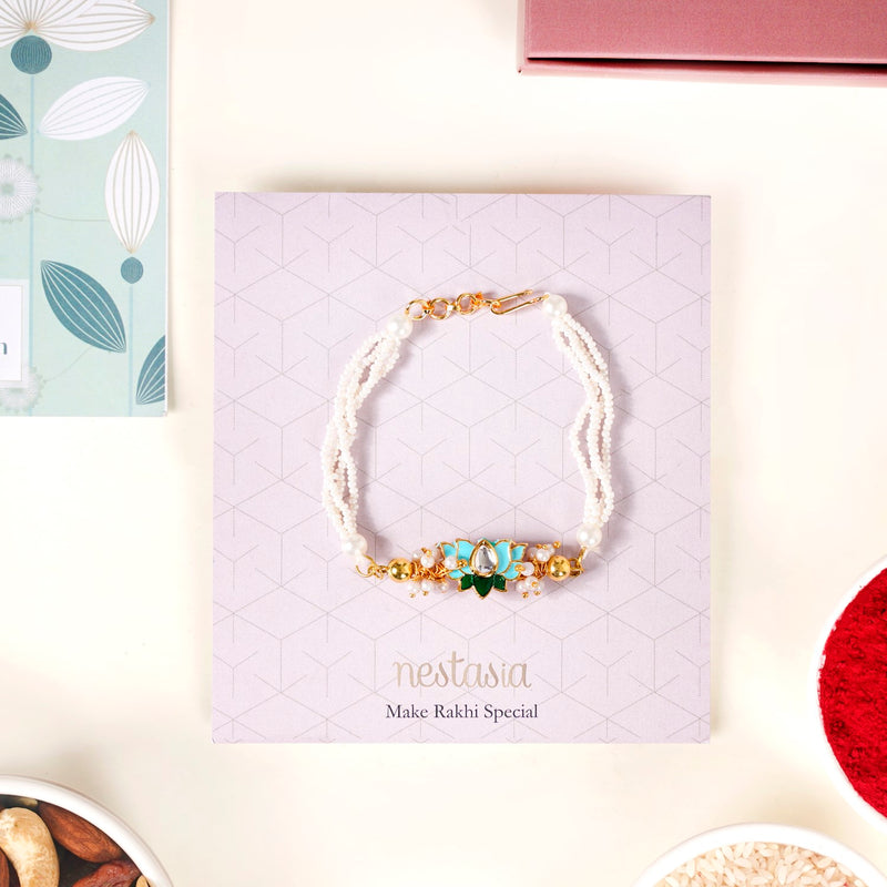 Green Kundan Lotus Rakhi Gift Set For Bhaiya Bhabhi