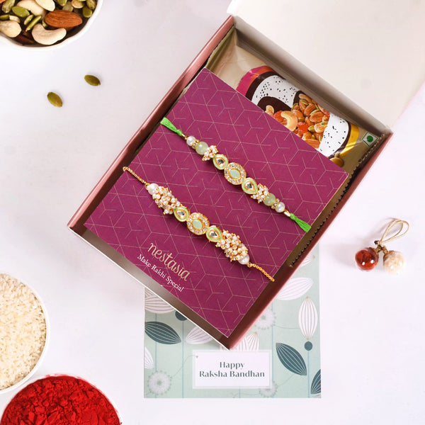 Elegant Green Kundan Rakhi Hamper For Bhaiya Bhabhi