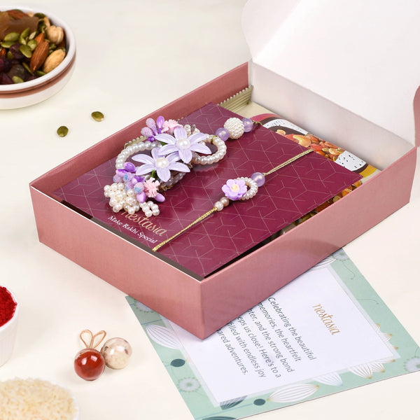 Lavender Pearly Garden Rakhi Lumba Set Of 4 With Gift Box And Card