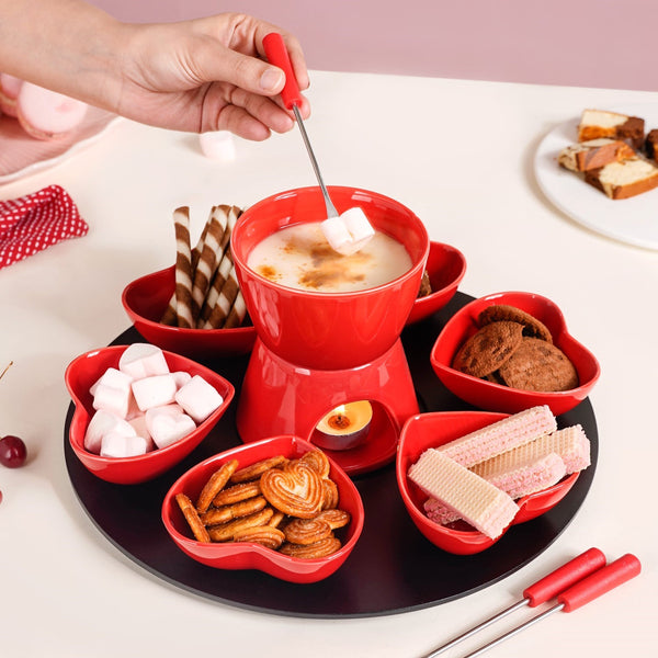 Red Heart Ceramic Fondue Set