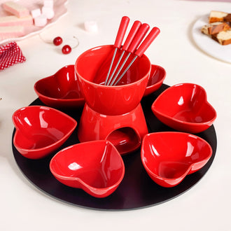 Amore Heart Ceramic Fondue Set Red