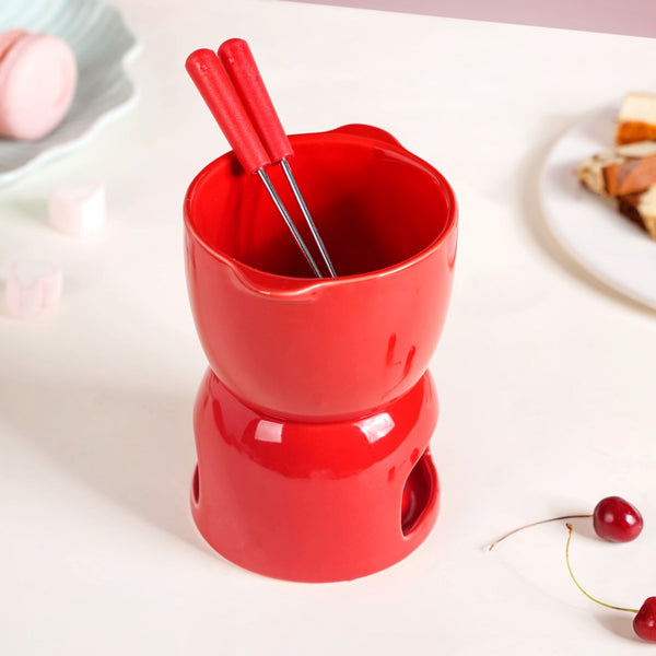 Red Mini Fondue Set With 2 Dipping Forks