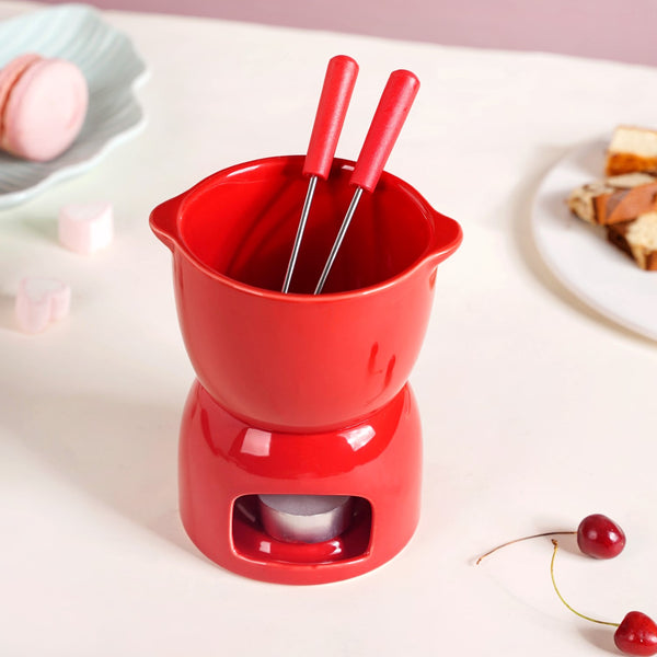 Red Mini Fondue Set With 2 Dipping Forks