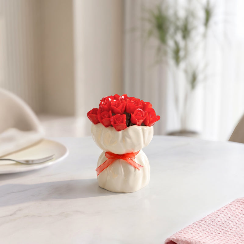 Red Rose Fruit Fork With Ceramic Vase Set Of 13