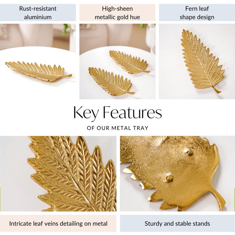 Golden Fern Leaf Metal Tray With Handle Set Of 2 - Gold decorative tray, leaf metal tray, golden serving tray, metallic tray