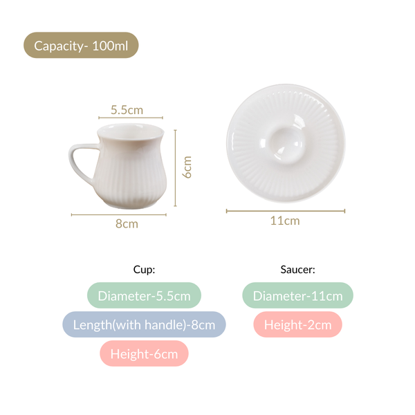 Ribbed Ceramic Cup With Saucer Set Of 2 100ml