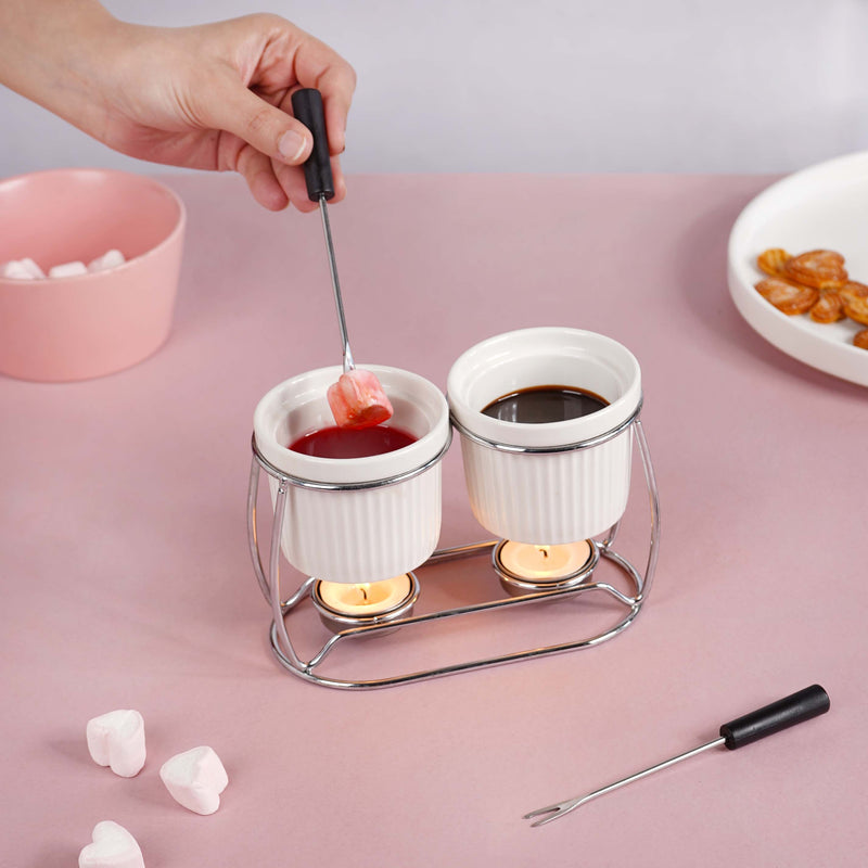 Double Bowl Ceramic Fondue Set