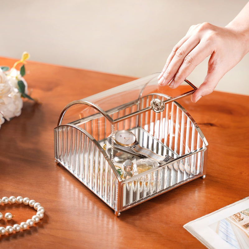 Glass Jewellery Box With Silver Frame - Silver Vanity Storage Box, Vintage Silver Makeup Box, Decorative Vanity Box, Silver Storage Box