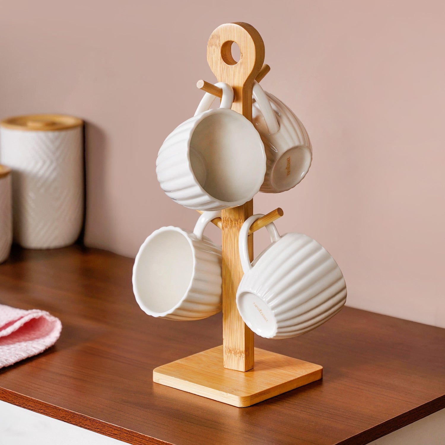 Ribbed White Cup And Stand Set Of 5 200ml