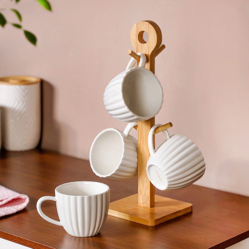 Ribbed White Cup And Stand Set Of 5 200ml